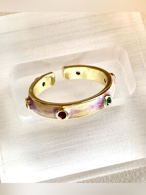 Gold Tone purple Enamel Cuff Bracelet with Multi-Colored Stones